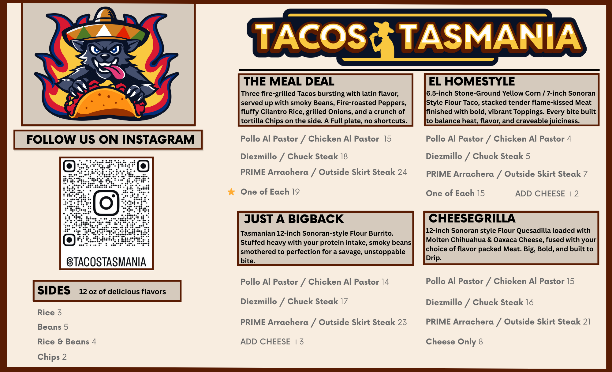 Tacos Tasmania pop-up menu