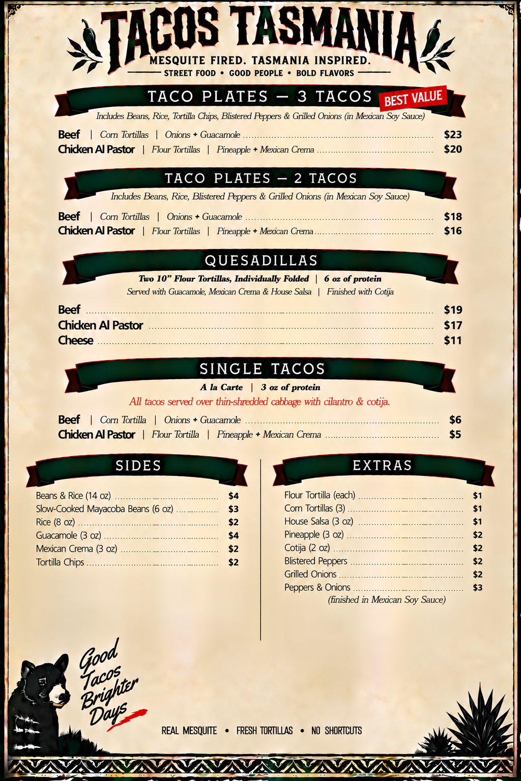 Tacos Tasmania menu artwork. All menu items and prices are listed above.